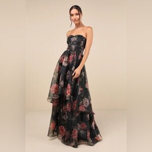 Lulus Truly Extraordinary Black Floral Organza Strapless Maxi Dress - NWT